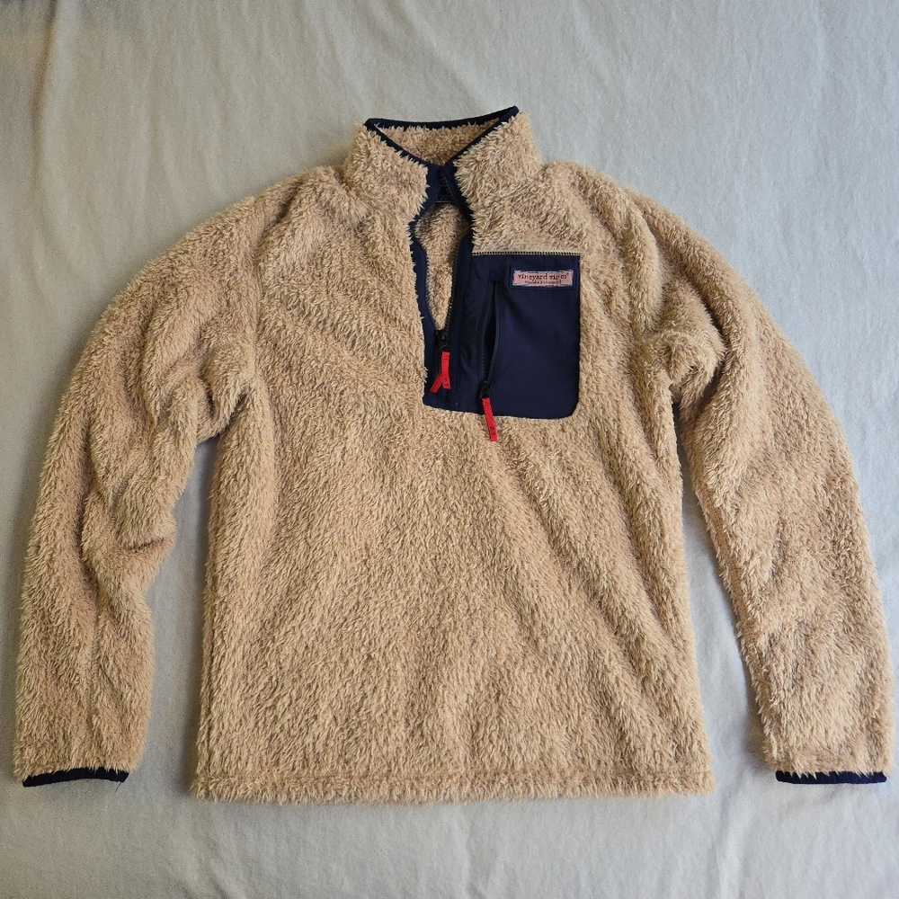 Vineyard Vines Tan Stillwater Sherpa Fleece Quarter Zip Sweater Navy Accents
